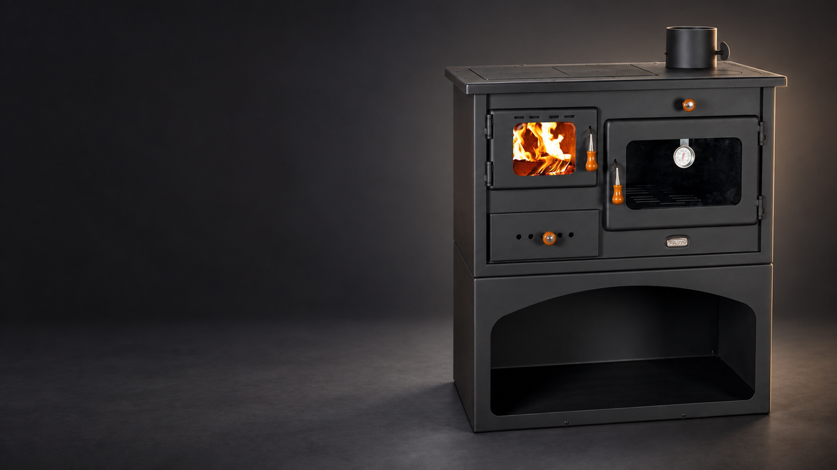 Prity 1P34 cooker with oven and right flue, on a charcoal studio background