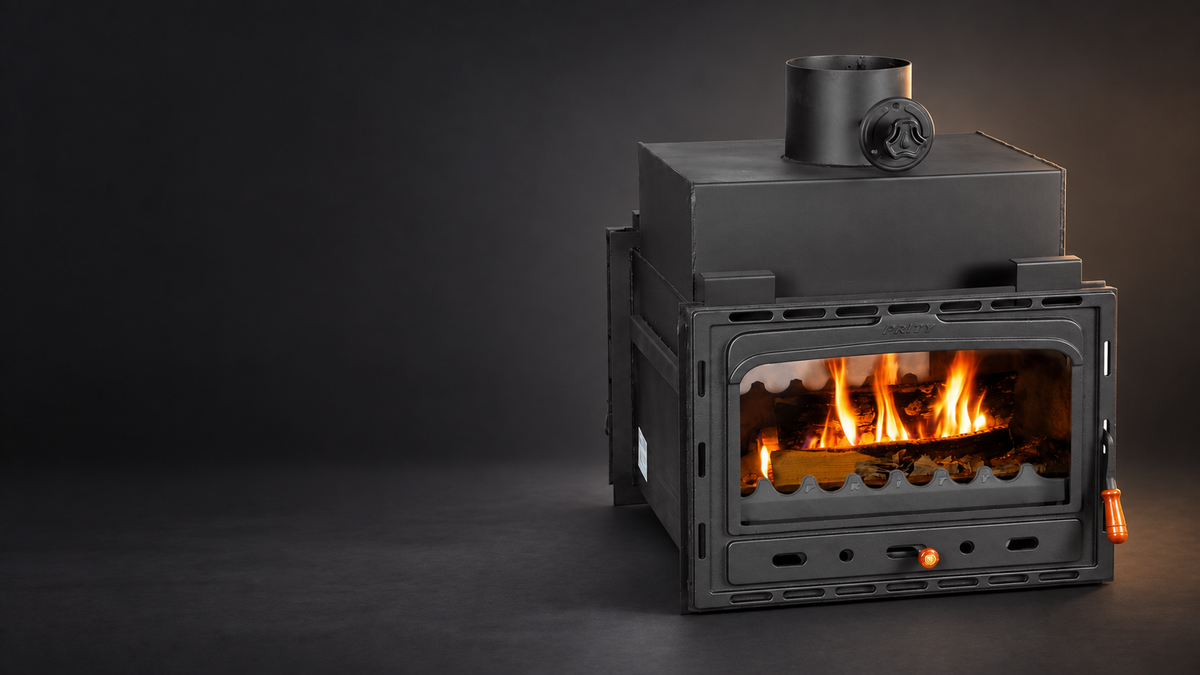 Prity 2C fireplace insert shown without an enclosure on a charcoal studio background