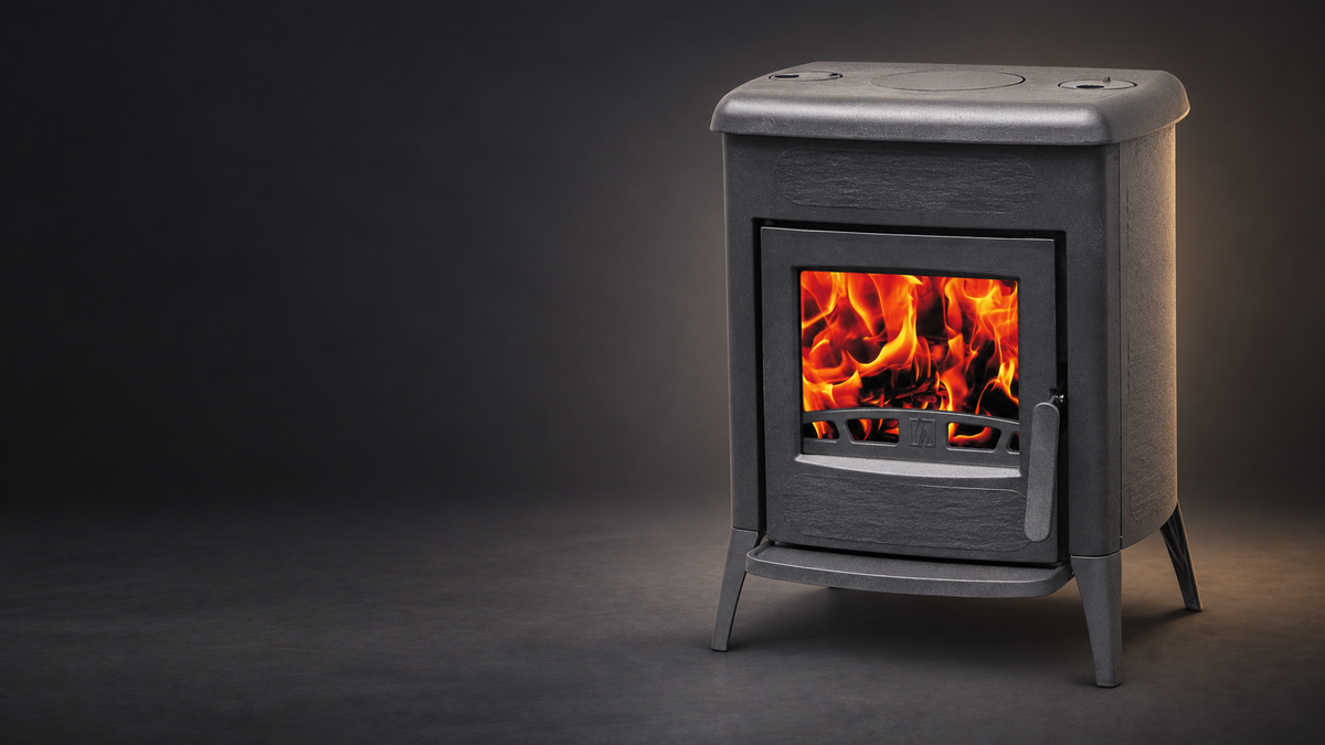 Plamen Amity 3 cast iron stove on a charcoal studio background